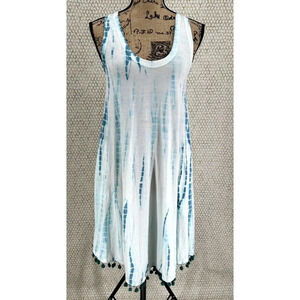 Soft Surroundings Dress Women Extra Small‎ XS Tie Dye Blue White Pom Pom Trim